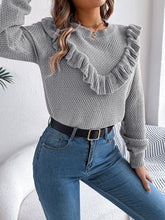 Load image into Gallery viewer, Ruffled Round Neck Long Sleeve Sweater