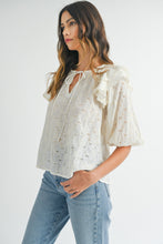 Load image into Gallery viewer, MABLE Eyelet Lace Ruffle Shoulder Puff Sleeve Blouse