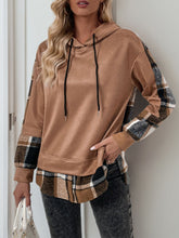 Load image into Gallery viewer, Perfee Drawstring Slit Plaid Long Sleeve Hoodie