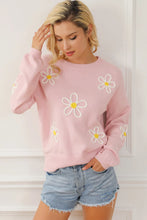 Load image into Gallery viewer, Flower Round Neck Dropped Shoulder Sweater