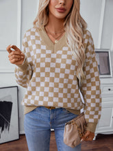 Load image into Gallery viewer, Checkered V-Neck Dropped Shoulder Sweater