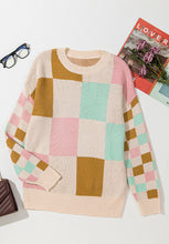 Load image into Gallery viewer, Checkered Round Neck Drop Shoulder Sweater