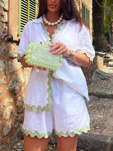 Load image into Gallery viewer, Contrast Trim Collared Neck Top and Shorts Set