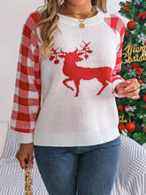 Load image into Gallery viewer, Reindeer Plaid Round Neck Long Sleeve Sweater