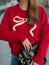 Load image into Gallery viewer, Bow Button Down Round Neck Cardigan