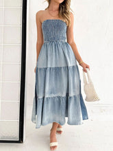 Load image into Gallery viewer, Slit Smocked Tube Tiered Denim Dress