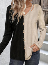Load image into Gallery viewer, Decorative Button Contrast Round Neck Long Sleeve T-Shirt