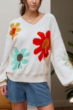 Load image into Gallery viewer, Flower V-Neck Dropped Shoulder Sweater