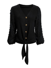 Load image into Gallery viewer, Tied Swiss Dot V-Neck Long Sleeve Blouse