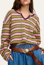 Load image into Gallery viewer, Striped Notched Long Sleeve T-Shirt