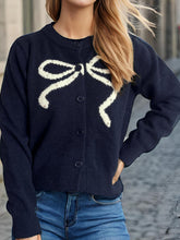 Load image into Gallery viewer, Bow Button Down Round Neck Cardigan