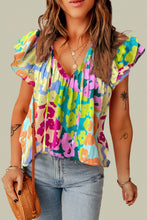 Load image into Gallery viewer, Ruffled Printed Tie Neck Cap Sleeve Blouse