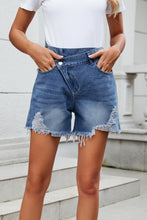 Load image into Gallery viewer, Distressed Raw Hem Asymmetric Waist Denim Shorts