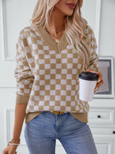 Load image into Gallery viewer, Checkered V-Neck Dropped Shoulder Sweater