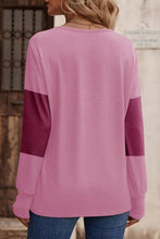Load image into Gallery viewer, Decorative Button Contrast V-Neck Long Sleeve T-Shirt