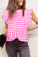 Load image into Gallery viewer, Ruffled Plaid Mock Neck Cap Sleeve Blouse