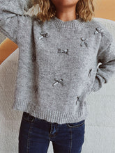Load image into Gallery viewer, Bow Trim Round Neck Long Sleeve Sweater