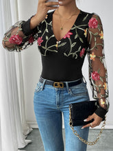 Load image into Gallery viewer, Perfee Embroidered V-Neck Long Sleeve Bodysuit