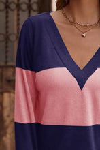 Load image into Gallery viewer, Decorative Button Contrast V-Neck Long Sleeve T-Shirt