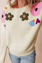 Load image into Gallery viewer, Crochet Flower Round Neck Dropped Shoulder Sweater