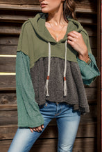 Load image into Gallery viewer, Waffle-Knit High-Low Color Block Hooded Long Sleeve Top