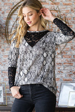 Load image into Gallery viewer, Heimish Full Size Snakeskin Print Round Neck Lace Contrast Top