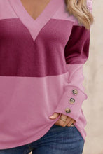 Load image into Gallery viewer, Decorative Button Contrast V-Neck Long Sleeve T-Shirt