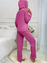 Load image into Gallery viewer, Drawstring Half Button Hooded Top and Ribbed Pants Set