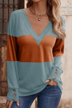 Load image into Gallery viewer, Decorative Button Contrast V-Neck Long Sleeve T-Shirt