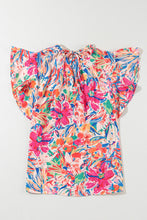 Load image into Gallery viewer, Ruffled Printed Tie Neck Cap Sleeve Blouse
