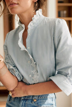 Load image into Gallery viewer, Lace Detail Striped Mock Neck Long Sleeve Shirt