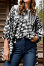 Load image into Gallery viewer, Tiered Plaid Round Neck Long Sleeve Blouse