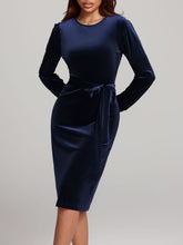 Load image into Gallery viewer, Round Neck Tie Waist Long Sleeve Velvet Dress