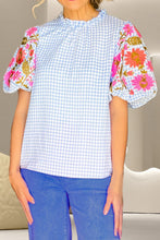 Load image into Gallery viewer, Embroidered Plaid Round Neck Short Sleeve Blouse