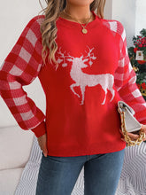 Load image into Gallery viewer, Reindeer Plaid Round Neck Long Sleeve Sweater