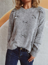 Load image into Gallery viewer, Bow Trim Round Neck Long Sleeve Sweater