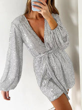 Load image into Gallery viewer, Full Size Sequin Surplice Tie Waist Long Sleeve Romper