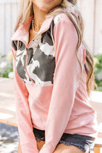 Load image into Gallery viewer, Cow Print Half Zip Drawstring Hoodie