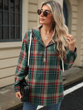 Load image into Gallery viewer, Drawstring Plaid Hooded Long Sleeve Top
