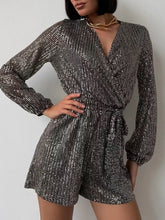 Load image into Gallery viewer, Full Size Sequin Surplice Tie Waist Long Sleeve Romper