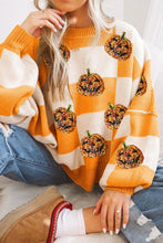 Load image into Gallery viewer, Pumpkin Checkered Round Neck Long Sleeve Sweater