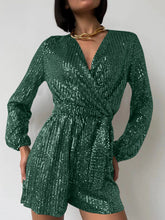 Load image into Gallery viewer, Full Size Sequin Surplice Tie Waist Long Sleeve Romper