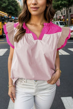Load image into Gallery viewer, Ruffled Color Block Notched Cap Sleeve Blouse