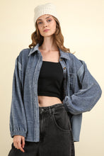 Load image into Gallery viewer, VERY J Mixed Media Button Down Raw Hem Shacket