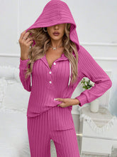 Load image into Gallery viewer, Drawstring Half Button Hooded Top and Ribbed Pants Set