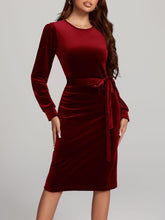 Load image into Gallery viewer, Round Neck Tie Waist Long Sleeve Velvet Dress