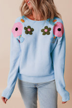 Load image into Gallery viewer, Crochet Flower Round Neck Dropped Shoulder Sweater