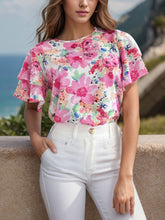 Load image into Gallery viewer, Floral Round Neck Flutter Sleeve Blouse