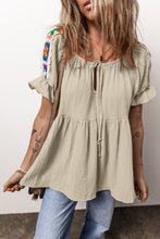 Load image into Gallery viewer, Embroidered Tie Neck Short Sleeve Blouse