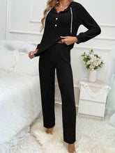 Load image into Gallery viewer, Drawstring Half Button Hooded Top and Ribbed Pants Set